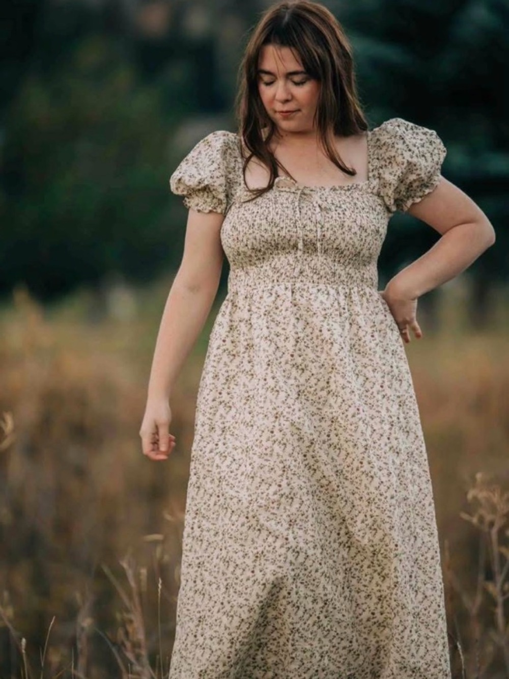 Floral Puff-Sleeve Smocked Dress - Cream
